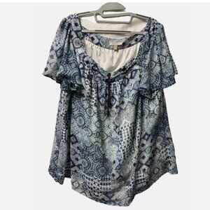 Roz & Ali Top Women's Blouse Geometric Blue White flutter sleeve Plus Size 3X